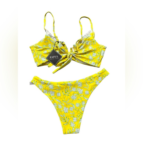 ZAFUL women’s yellow floral underwire V front high cut bikini set size M NWT - Picture 3 of 7